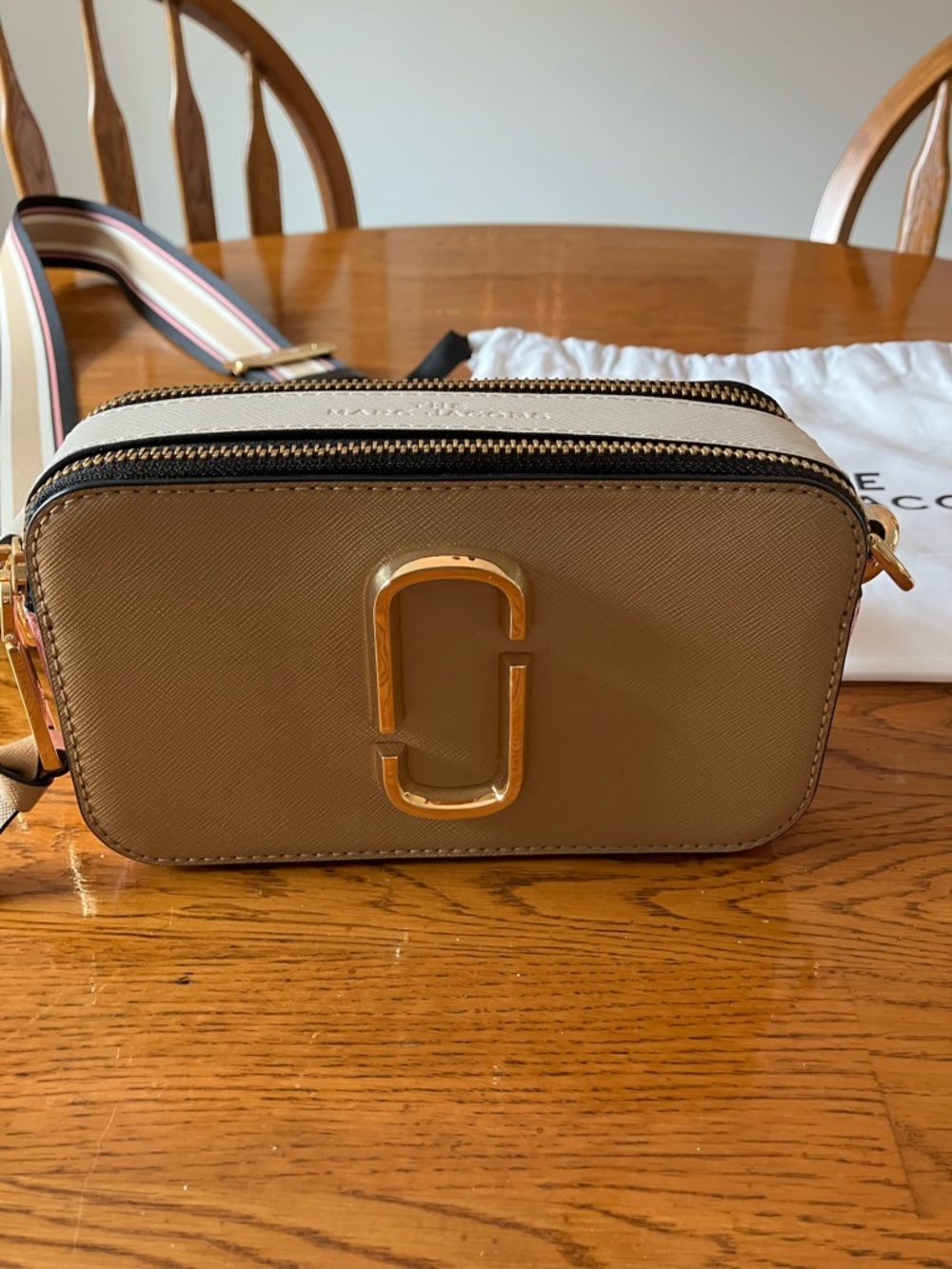 Marc Jacobs Tan Pink Ivory Black Snapshot Crossbody Striped Adjustable Strap - Picture 2 of 10